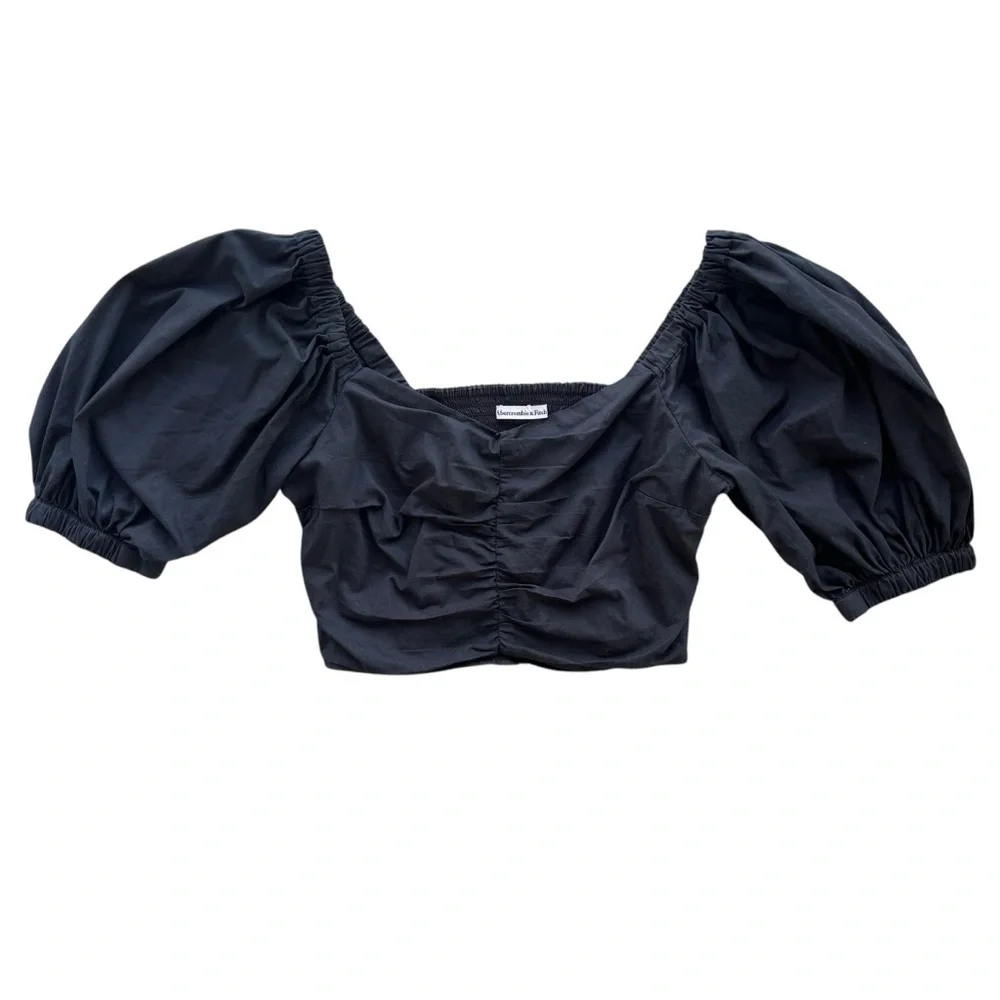 Abercrombie & Fitch Womens M Black Short Puff Sleeves Smocked Ruched Cropped Top